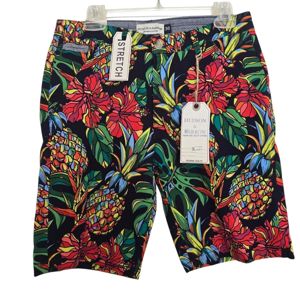 NWT Hudson & Barrow Men's Tropical Pinrapple Floral Shorts - Black Multicolor